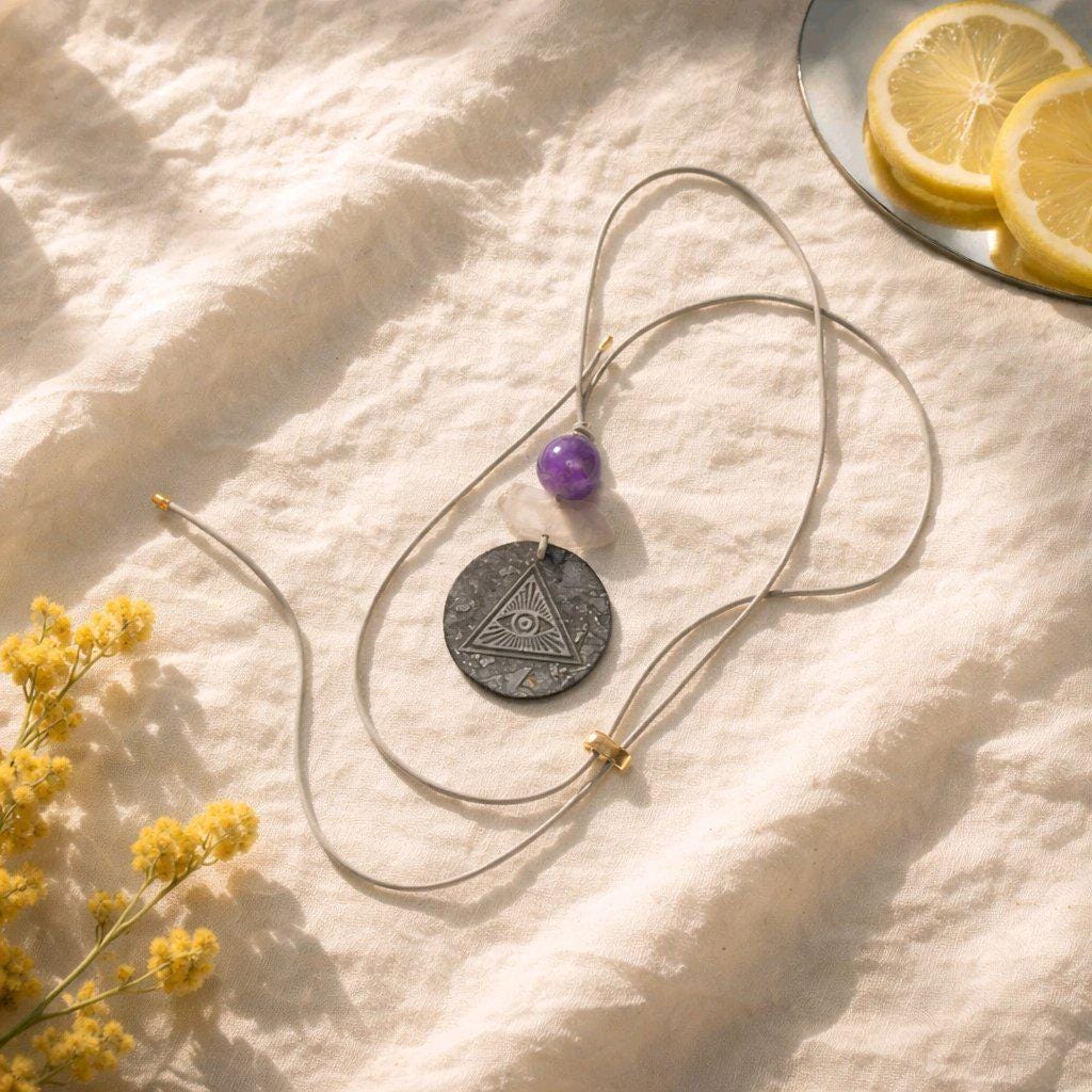 EMF Protection Graphene Necklace Third Eye Pendant Clear Quartz Amethyst Anti Radiation Jewelry Adjustable Leather 30 inch