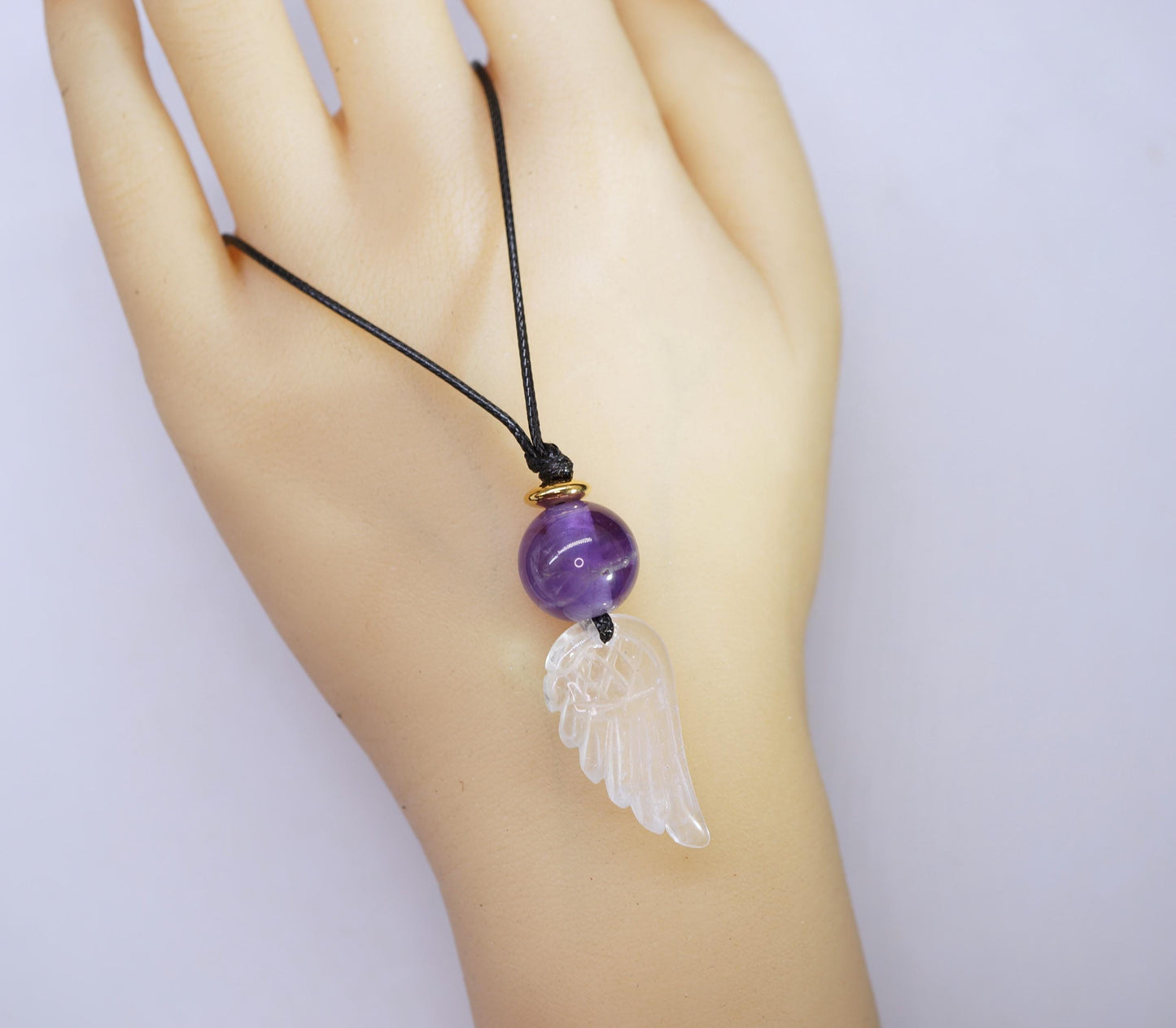 Amethyst Clear Quartz Angel Wing Necklace, Natural Purple Crystal Chunky Pendant, Adjustable Leather Cord, Spiritual Gift for Her #2073