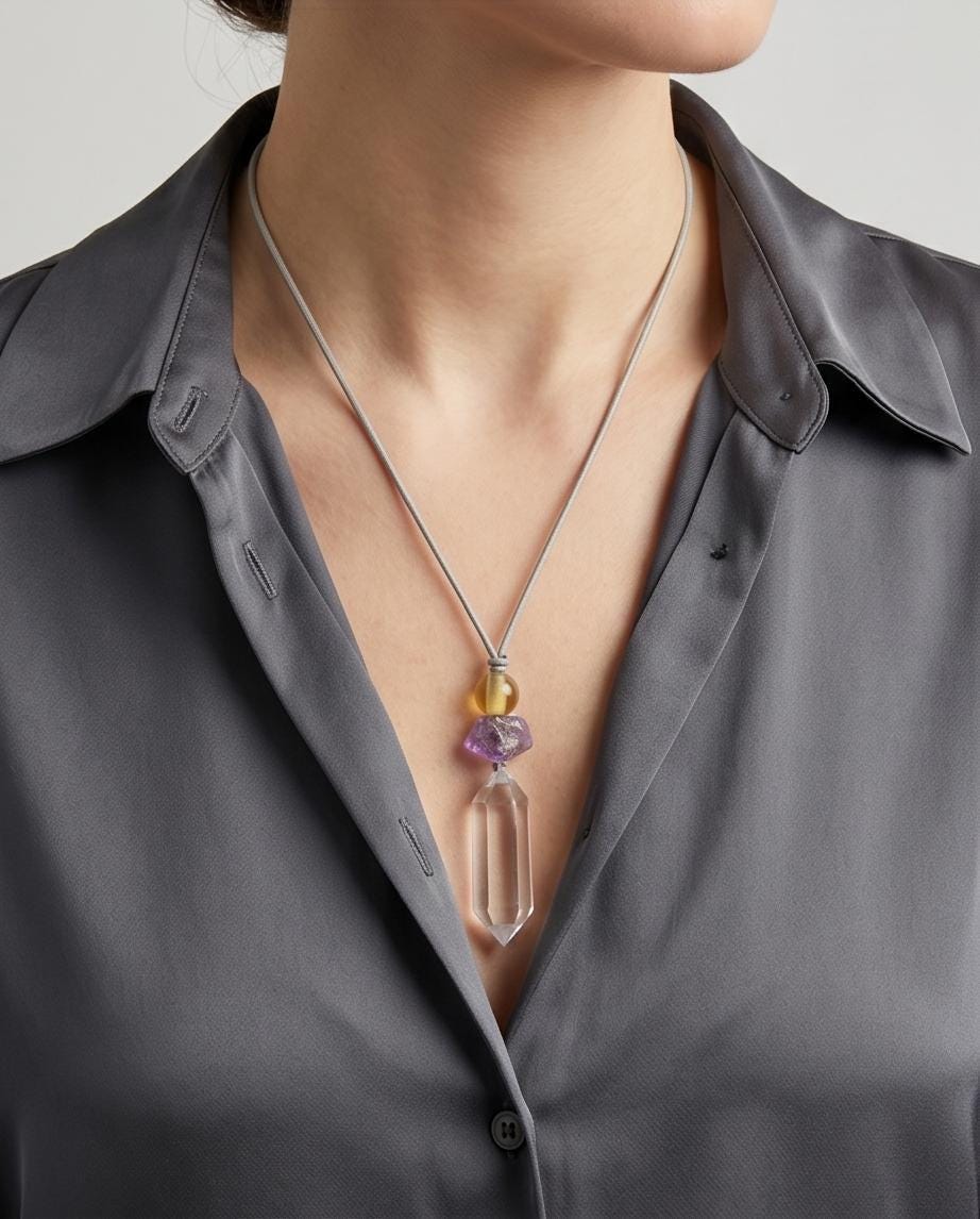 Natural Clear Quartz Amethyst Citrine Necklace, Raw Crystal Point Pendant, Adjustable Leather Chunky Healing Jewelry, Gift for Him #2089