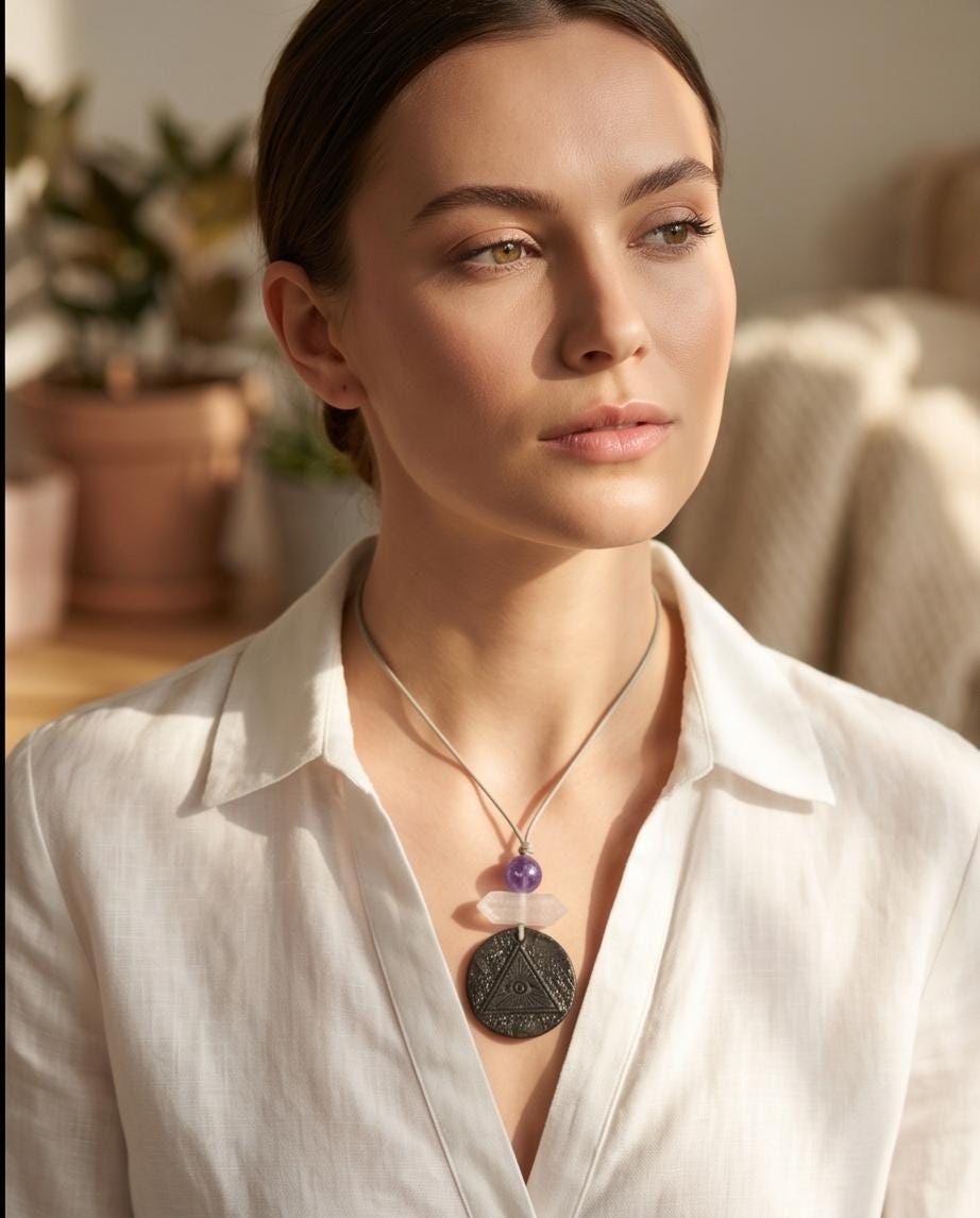 EMF Protection Graphene Necklace Third Eye Pendant Clear Quartz Amethyst Anti Radiation Jewelry Adjustable Leather 30 inch , Chunky Stone