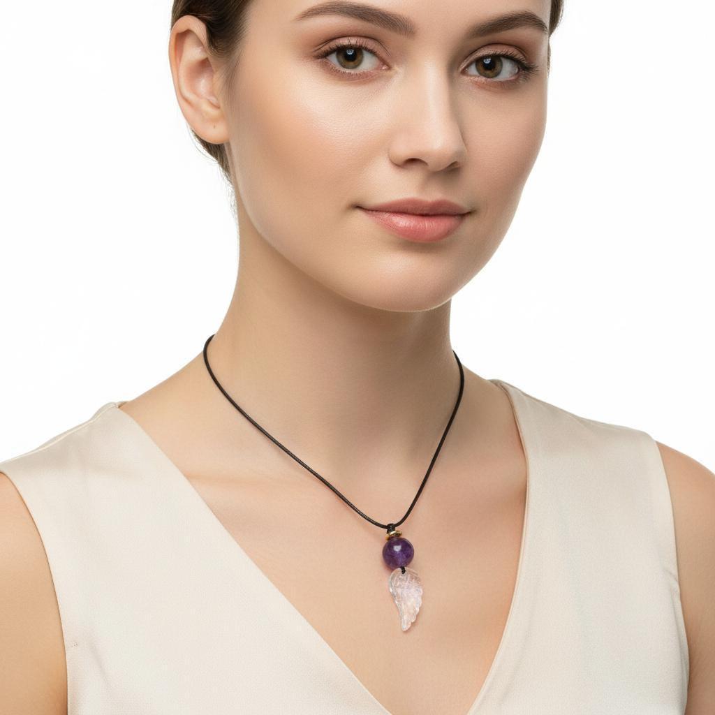 Amethyst Clear Quartz Angel Wing Necklace, Natural Purple Crystal Chunky Pendant, Adjustable Leather Cord, Spiritual Gift for Her #2073
