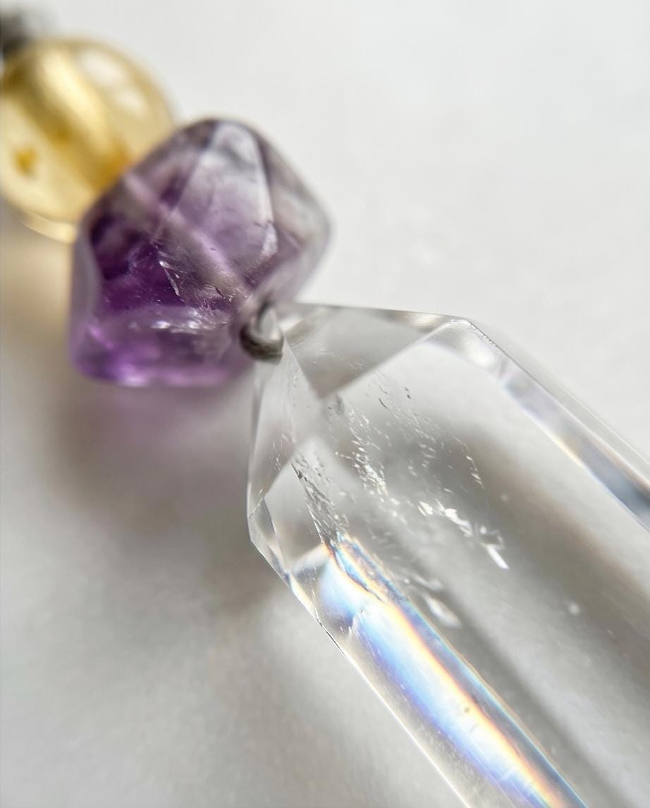 Natural Clear Quartz Amethyst Citrine Necklace, Raw Crystal Point Pendant, Adjustable Leather Chunky Healing Jewelry, Gift for Him #2089
