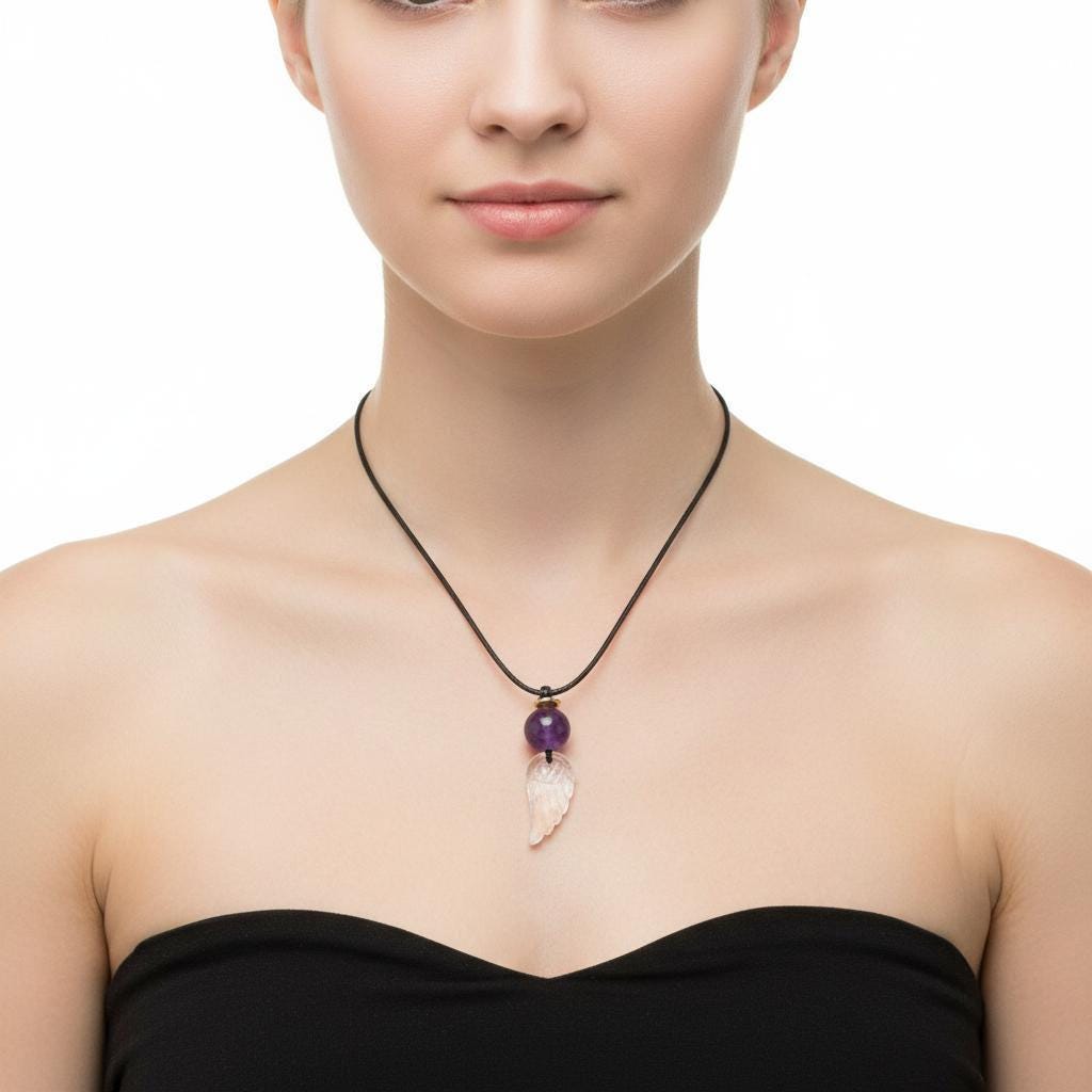 Amethyst Clear Quartz Angel Wing Necklace, Natural Purple Crystal Chunky Pendant, Adjustable Leather Cord, Spiritual Gift for Her #2073