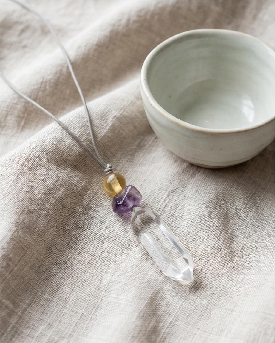 Natural Clear Quartz Amethyst Citrine Necklace, Raw Crystal Point Pendant, Adjustable Leather Chunky Healing Jewelry, Gift for Him #2089