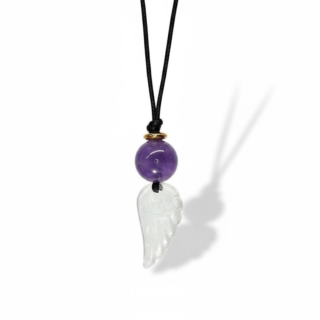Amethyst Clear Quartz Angel Wing Necklace, Natural Purple Crystal Chunky Pendant, Adjustable Leather Cord, Spiritual Gift for Her #2073