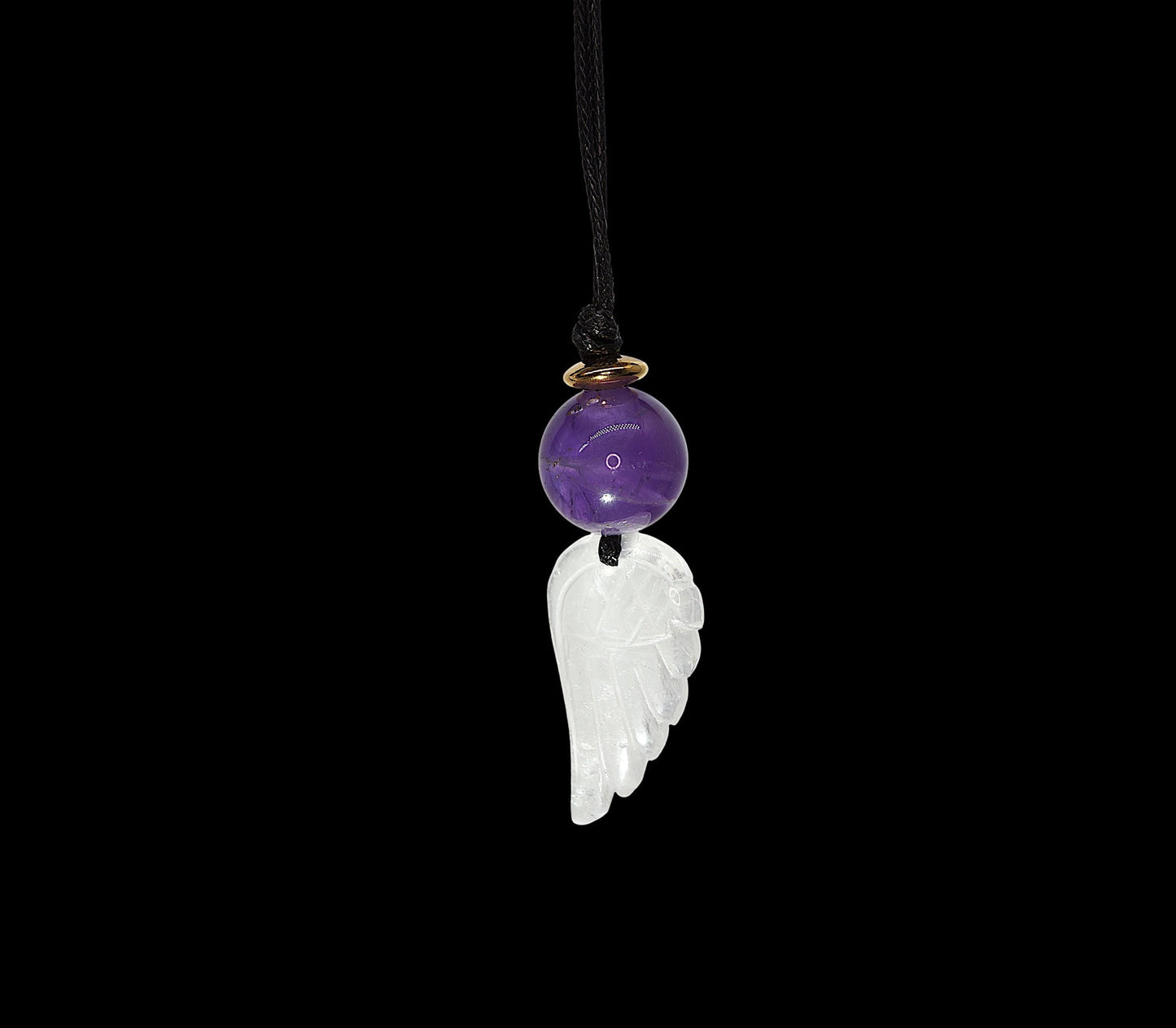 Amethyst Clear Quartz Angel Wing Necklace, Natural Purple Crystal Chunky Pendant, Adjustable Leather Cord, Spiritual Gift for Her #2073