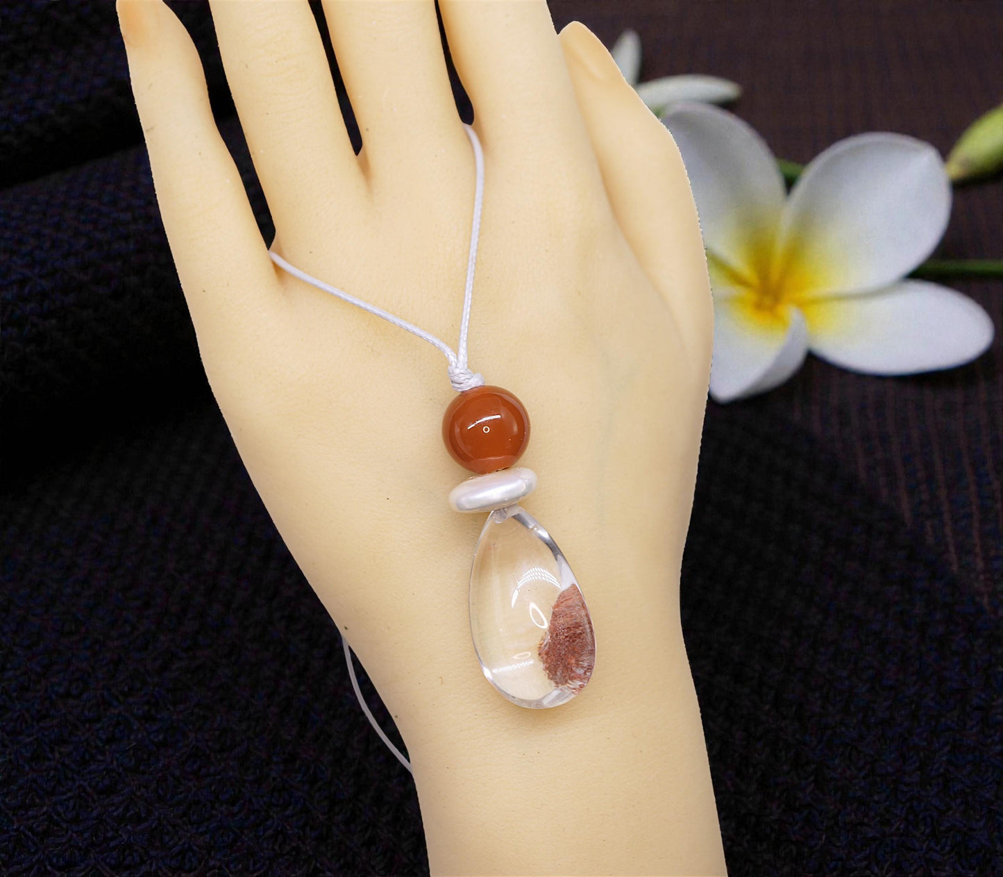 Red Phantom Quartz & Carnelian Necklace, Natural Red Agate Chunky Pendant, Genuine Pearl, Adjustable Leather Cord, Energy Jewelry #2072