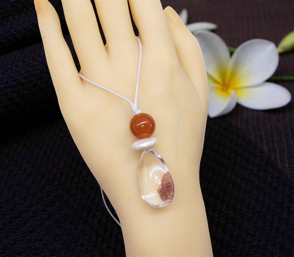 Red Phantom Quartz & Carnelian Necklace, Natural Red Agate Chunky Pendant, Genuine Pearl, Adjustable Leather Cord, Energy Jewelry #2072