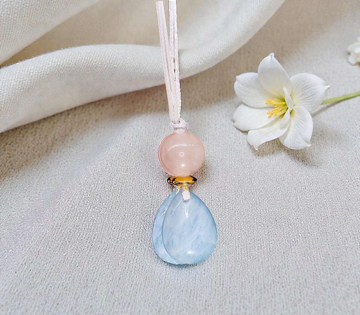 Natural Aquamarine Rose Quartz Necklace, Zen Geometric Crystal Pendant, Adjustable Gray Cord Boho Jewelry, Serenity & Love #2063
