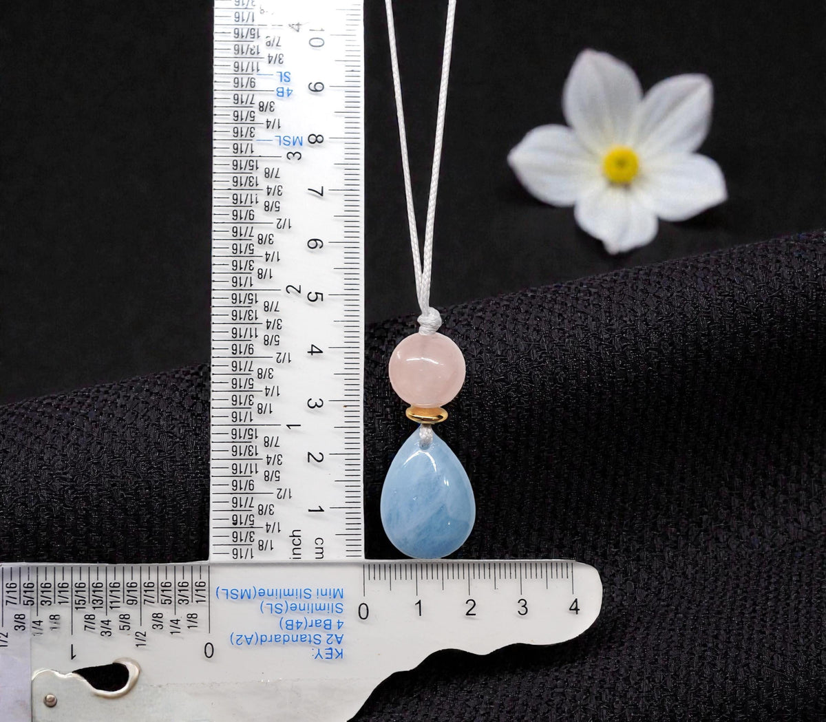 Natural Aquamarine Rose Quartz Necklace, Zen Geometric Crystal Pendant, Adjustable Gray Cord Boho Jewelry, Serenity & Love #2063