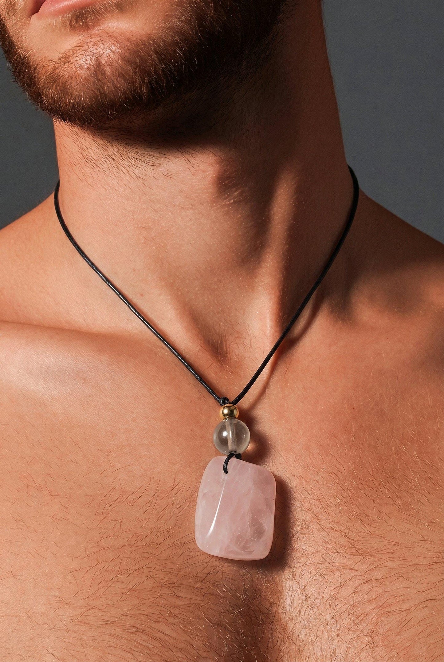 Large Raw Chunky Rose Quartz Necklace with Smoky Quartz Crystal healing jewelry, Genuine Leather Cord Adjustable up to 30 inches