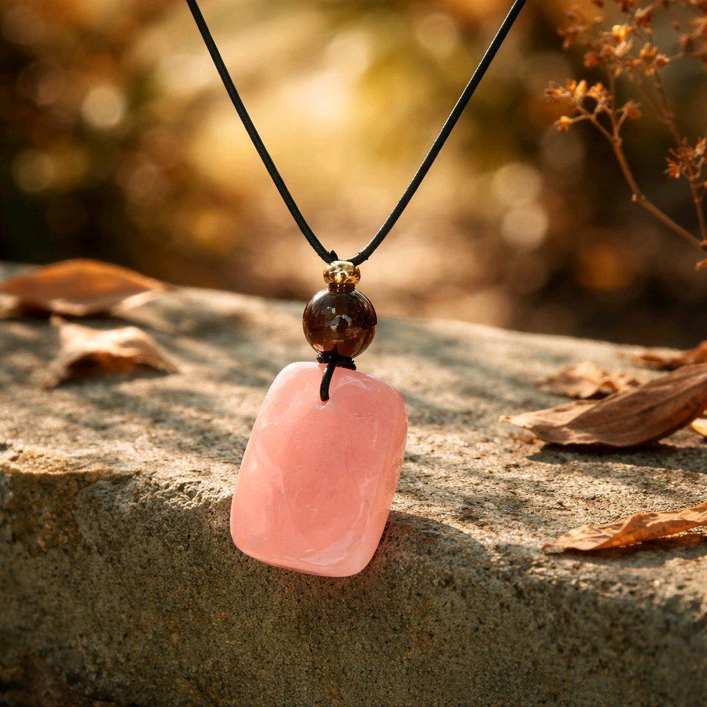 Large Raw Chunky Rose Quartz Necklace with Smoky Quartz Crystal healing jewelry, Genuine Leather Cord Adjustable up to 30 inches