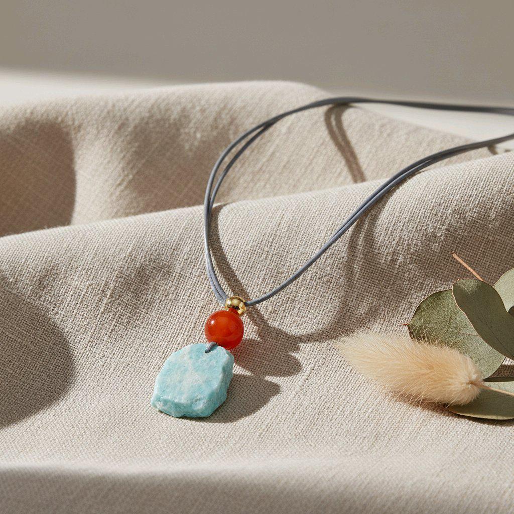 Chunky Amazonite Raw Stone Necklace, Geometric Carnelian Pendant with 18k Gold Copper Accent, Boho Spiritual Jewelry #2575