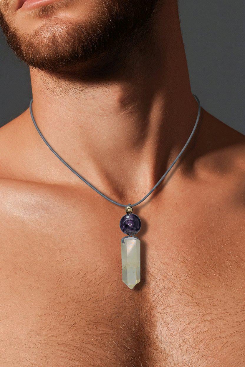 Chunky Citrine Point Necklace, Geometric Amethyst Pendant with 18k Gold Copper Bead, Spiritual Zen Jewelry, Adjustable Leather Cord #2574