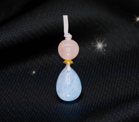 Natural Aquamarine Rose Quartz Necklace, Zen Geometric Crystal Pendant, Adjustable Gray Cord Boho Jewelry, Serenity & Love #2063