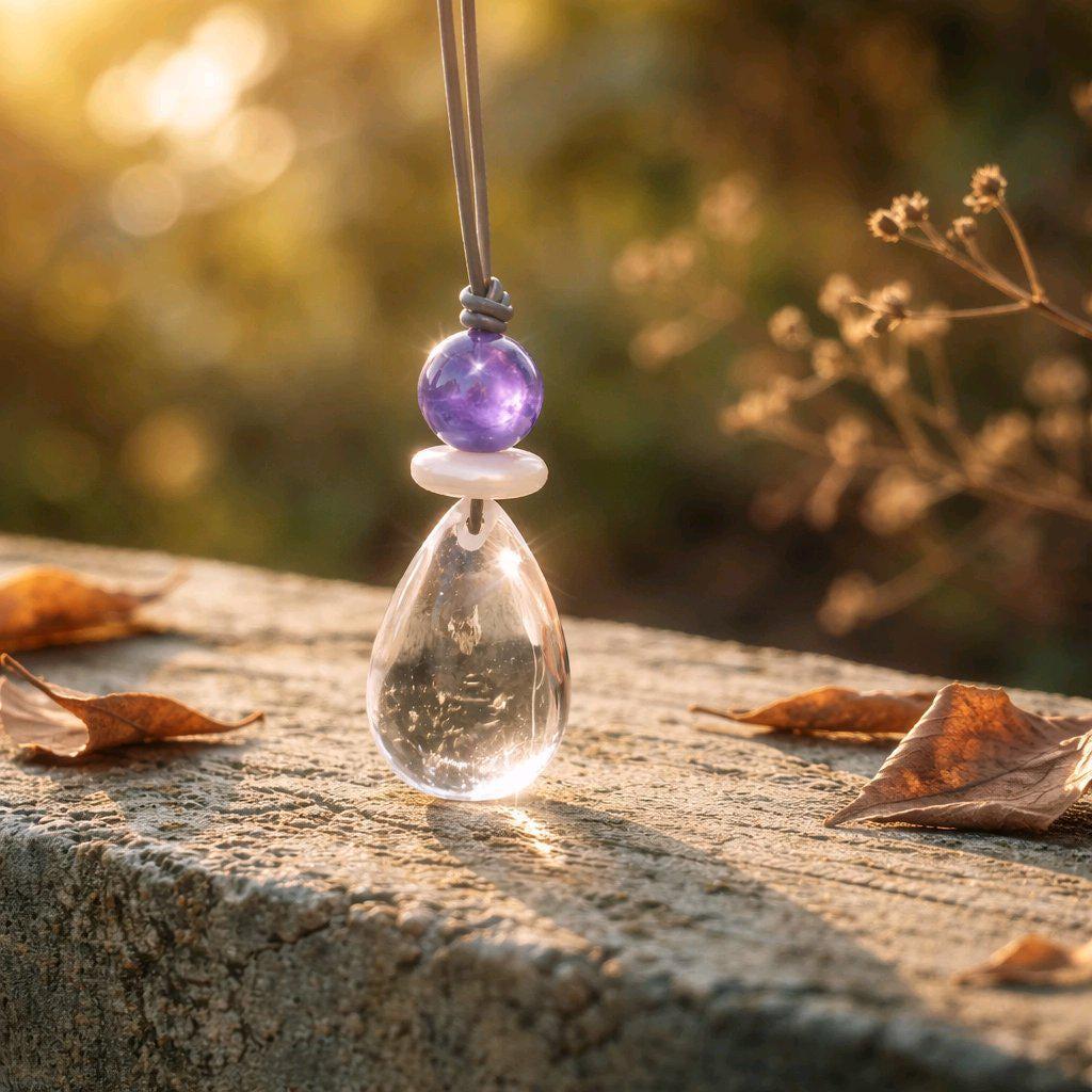Clear Quartz Necklace, Baroque Pearl Jewelry, Natural Amethyst Pendant, Natural Chunky Stone Boho Gift, Genuine Leather cord Adjustable