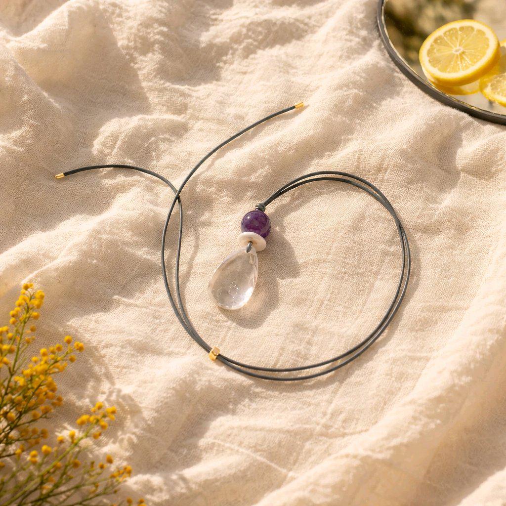 Clear Quartz Necklace, Baroque Pearl Jewelry, Natural Amethyst Pendant, Natural Chunky Stone Boho Gift, Genuine Leather cord Adjustable