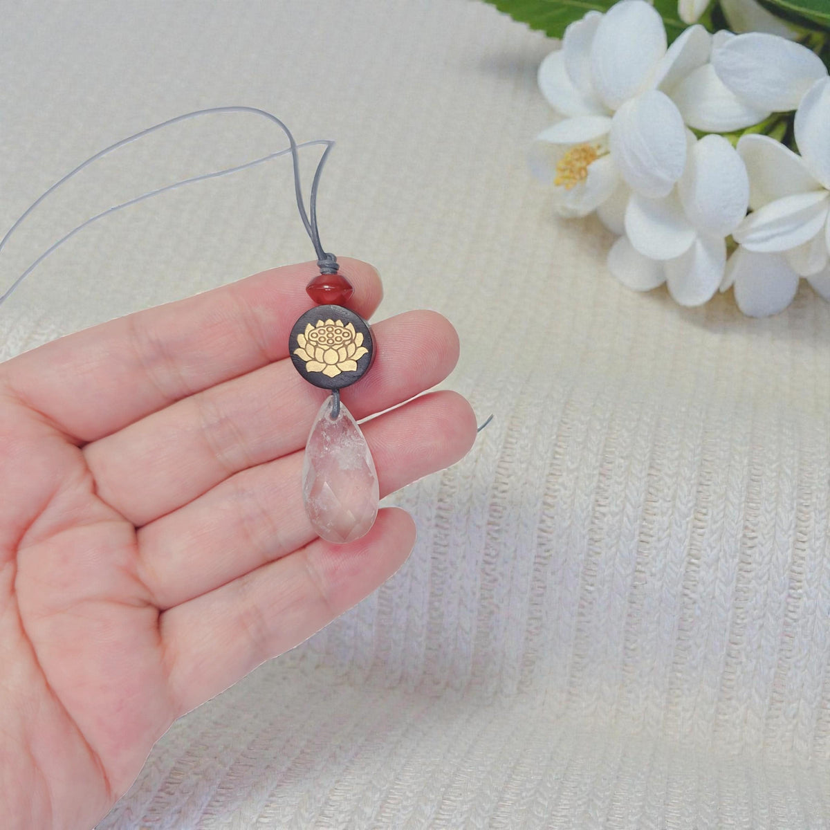Clear Quartz Lotus Necklace, Chunky 18k Gold Inlaid Zen Crystal Jewelry, Black Sandalwood Spiritual Pendant, Adjustable Leather Cord