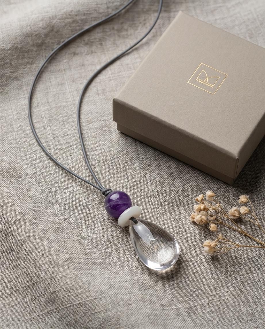 Clear Quartz Necklace, Baroque Pearl Jewelry, Natural Amethyst Pendant, Natural Chunky Stone Boho Gift, Genuine Leather cord Adjustable