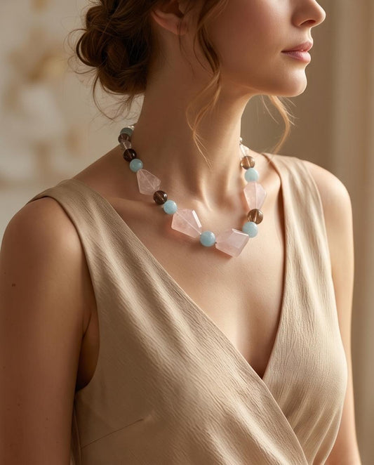 Chunky Rose Quartz Aquamarine Necklace, Geometric Raw Crystal Statement Choker, Smoky Quartz Healing Gemstone Jewelry Bold Pastel Gemstone
