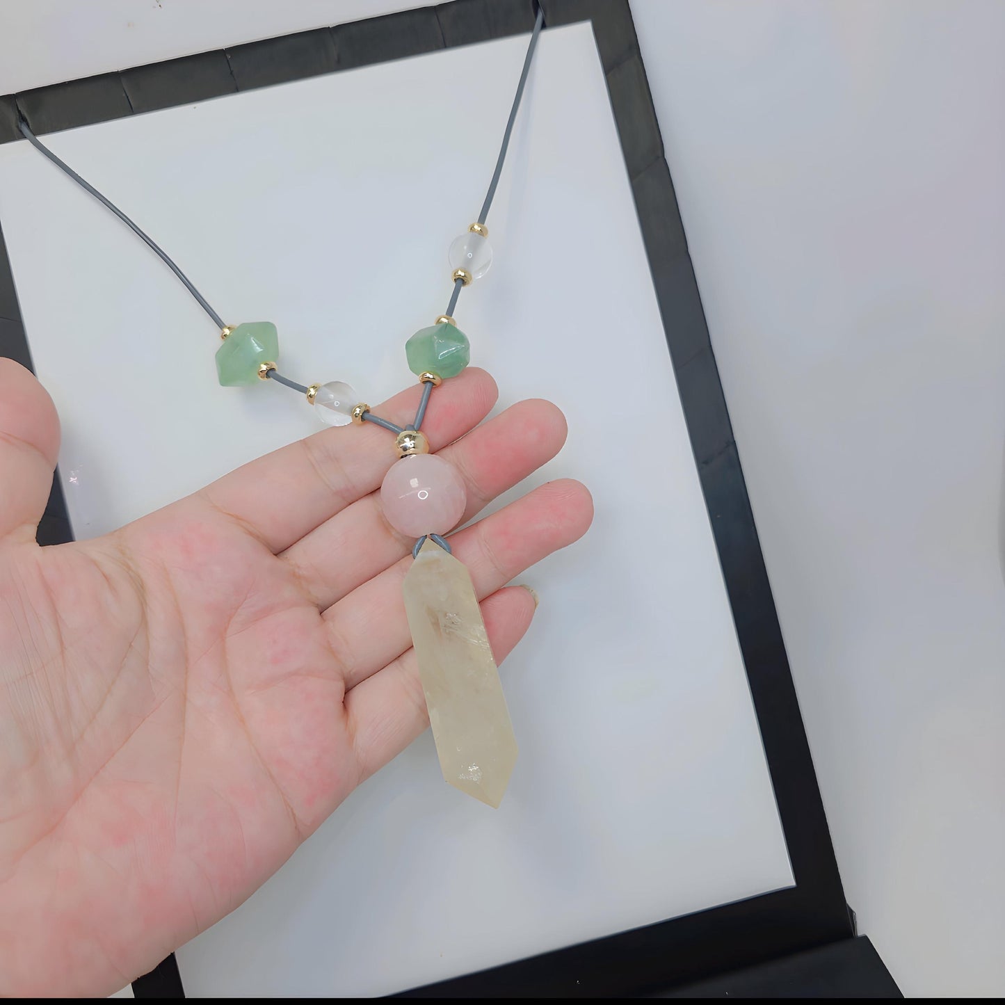 Large Raw Citrine Pendant, Rose Quartz Fluorite and Clear Quartz Chunky Gemstone Necklace, Genuine Leather Adjustable Long Statement Necklac