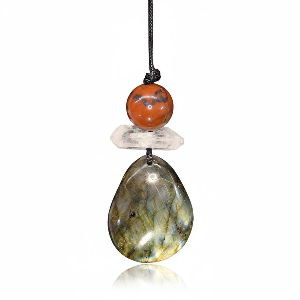 Chunky Labradorite Red Jasper Necklace, Geometric Zen Pendant, Natural Clear Quartz, Adjustable Leather Cord, Men's & Women's Gift