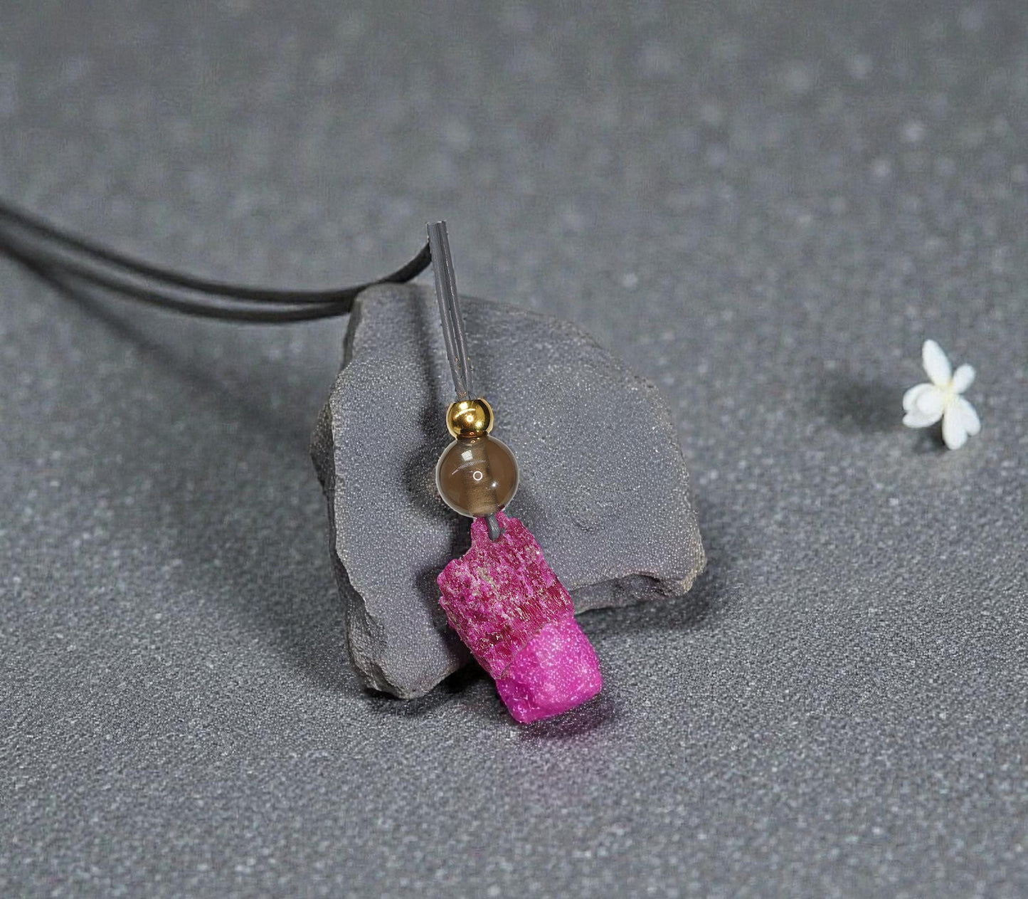 Chunky Raw Ruby Necklace, Geometric Smoky Quartz Pendant, Natural Rough Stone Jewelry, Adjustable Leather Cord Gift for Her #2585