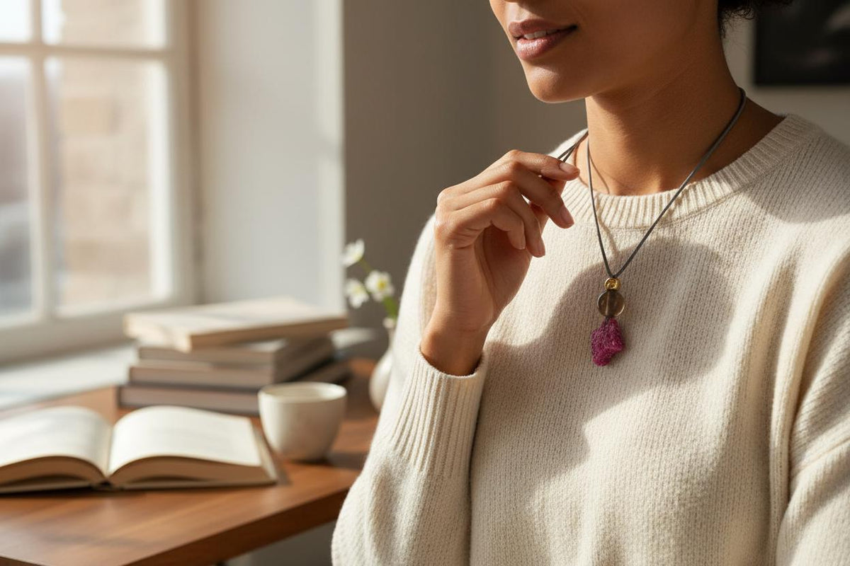 Chunky Raw Ruby Necklace, Geometric Smoky Quartz Pendant, Natural Rough Stone Jewelry, Adjustable Leather Cord Gift for Her #2585