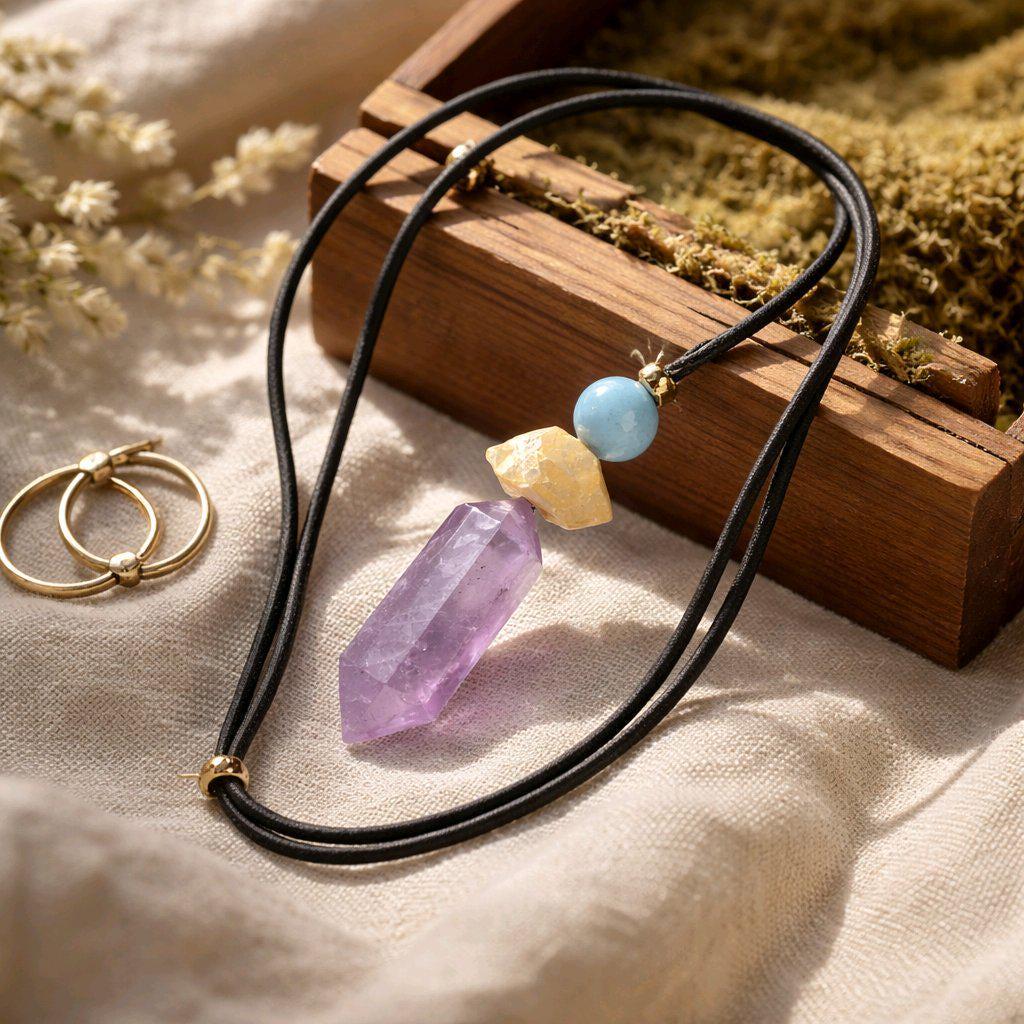 Chunky Amethyst Crystal Necklace, Geometric Aquamarine & Citrine Quartz Pendant, Zen Healing Stone Purple Jewelry #2579