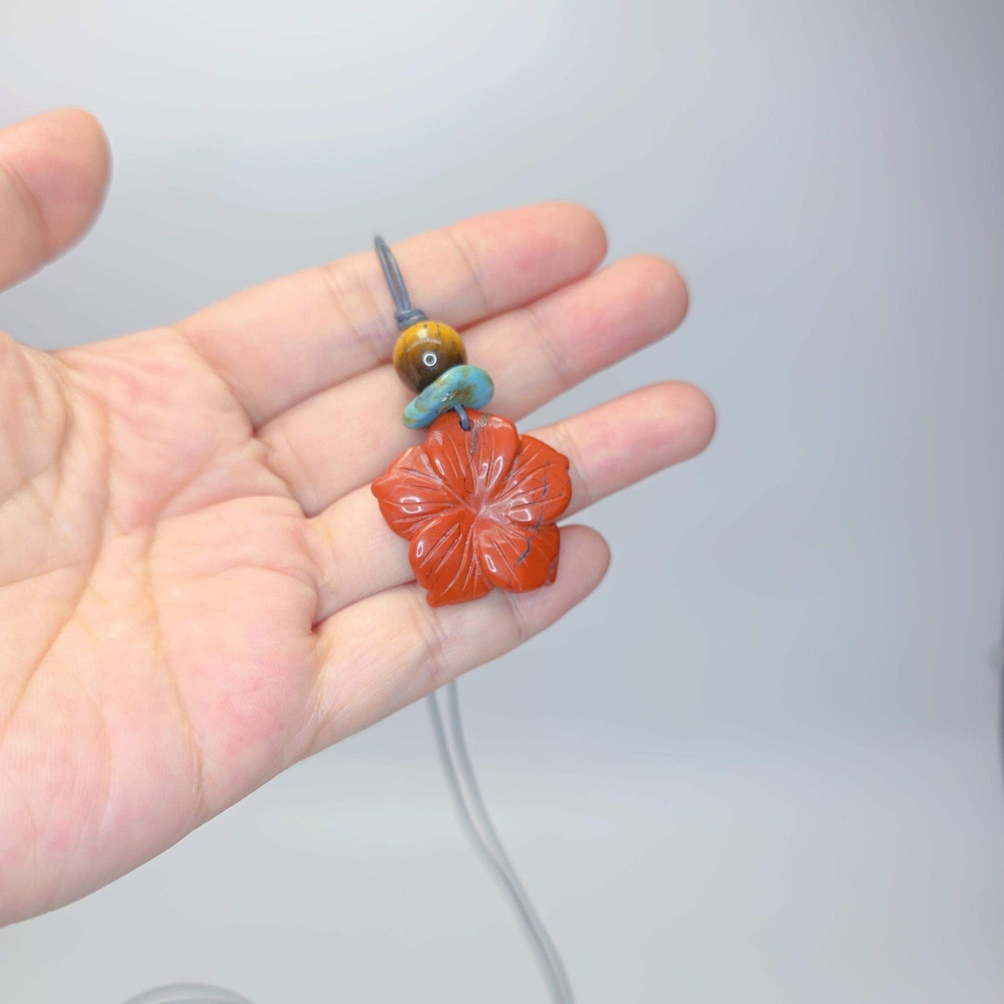 Red Jasper Necklace Flower Crystal Pendant, Chunky Tigers Eye Geometric Jewelry for Women Men with Adjustable Leather Cord up to 24 inches