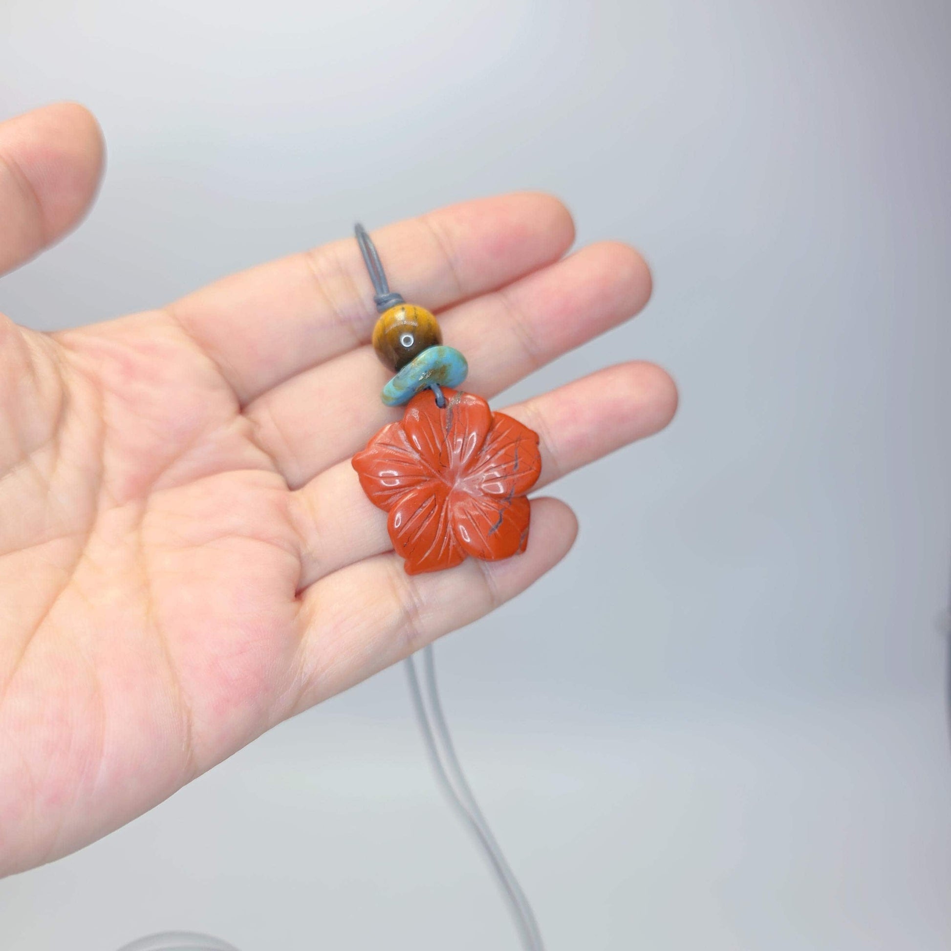 Red Jasper Necklace Flower Crystal Pendant, Chunky Tigers Eye Geometric Jewelry for Women Men with Adjustable Leather Cord up to 24 inches