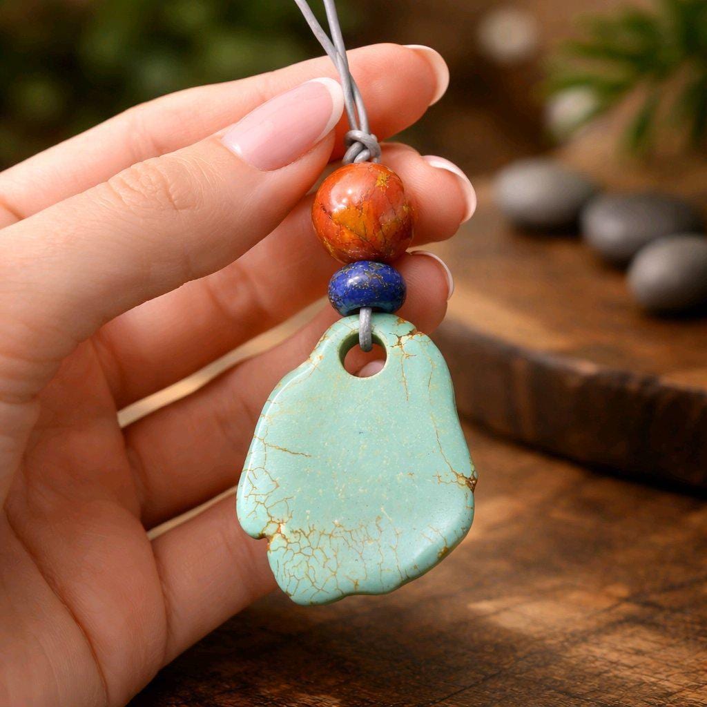 Chunky Turquoise Necklace, Geometric Lapis & Red Jasper Pendant, Zen Boho Gemstone Jewelry, Adjustable Leather Cord Gift #2581