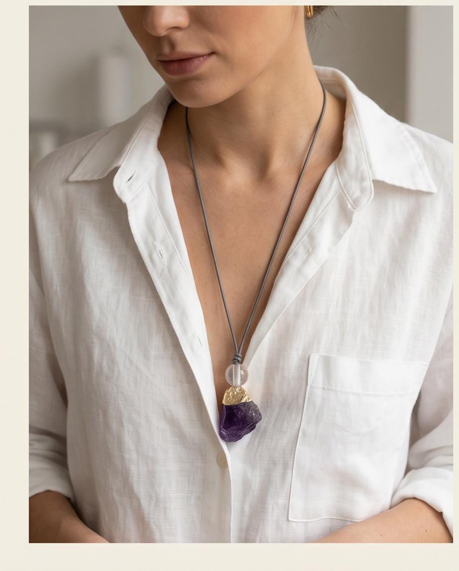 Chunky Raw Amethyst Point Necklace Clear Quartz Crystal Healing Yoga Jewelry Adjustable Leather Cord