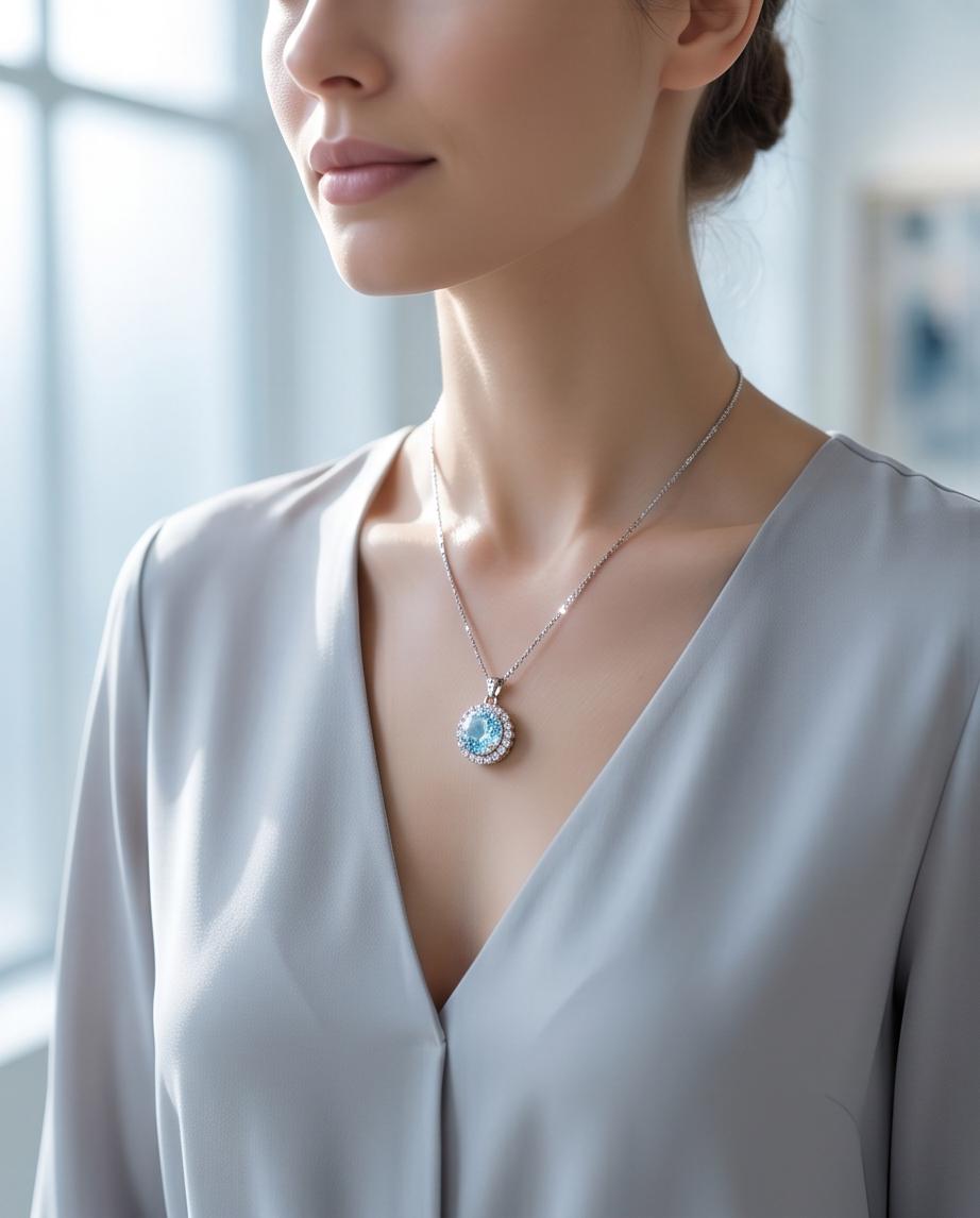 Aquamarine Necklace - 10mm Rose Gold Coated Sterling Silver Solitaire Brilliant Blue Large Round Princess Diana Sunflower Style #931