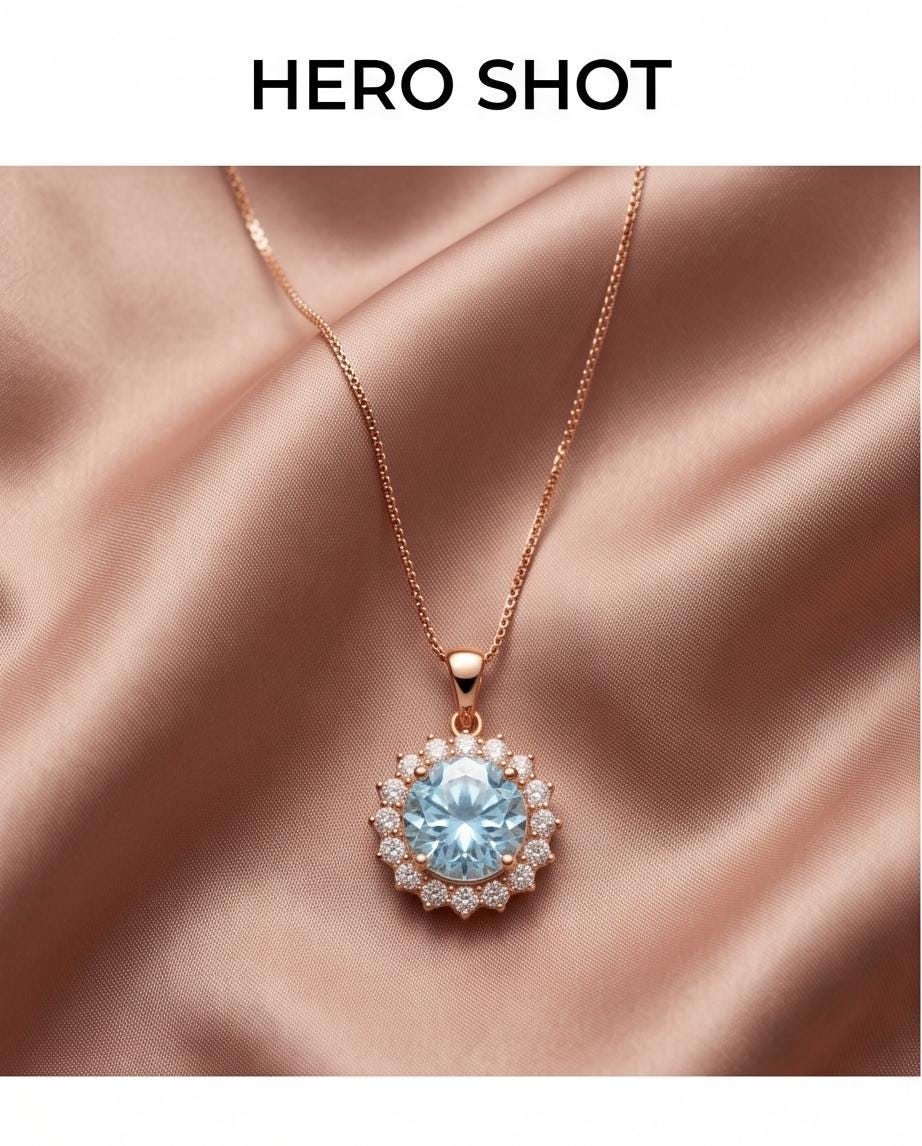 Aquamarine Necklace - 10mm Rose Gold Coated Sterling Silver Solitaire Brilliant Blue Large Round Princess Diana Sunflower Style #931