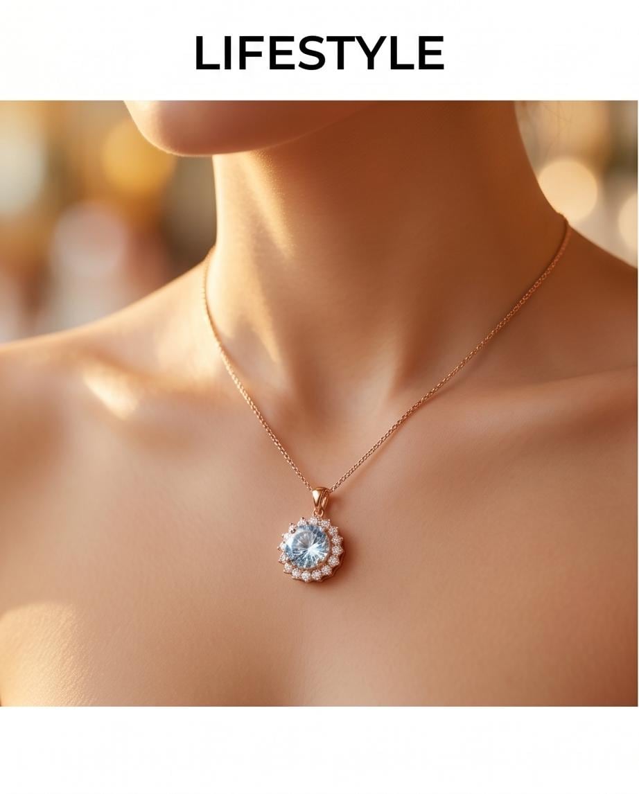 Aquamarine Necklace - 10mm Rose Gold Coated Sterling Silver Solitaire Brilliant Blue Large Round Princess Diana Sunflower Style #931