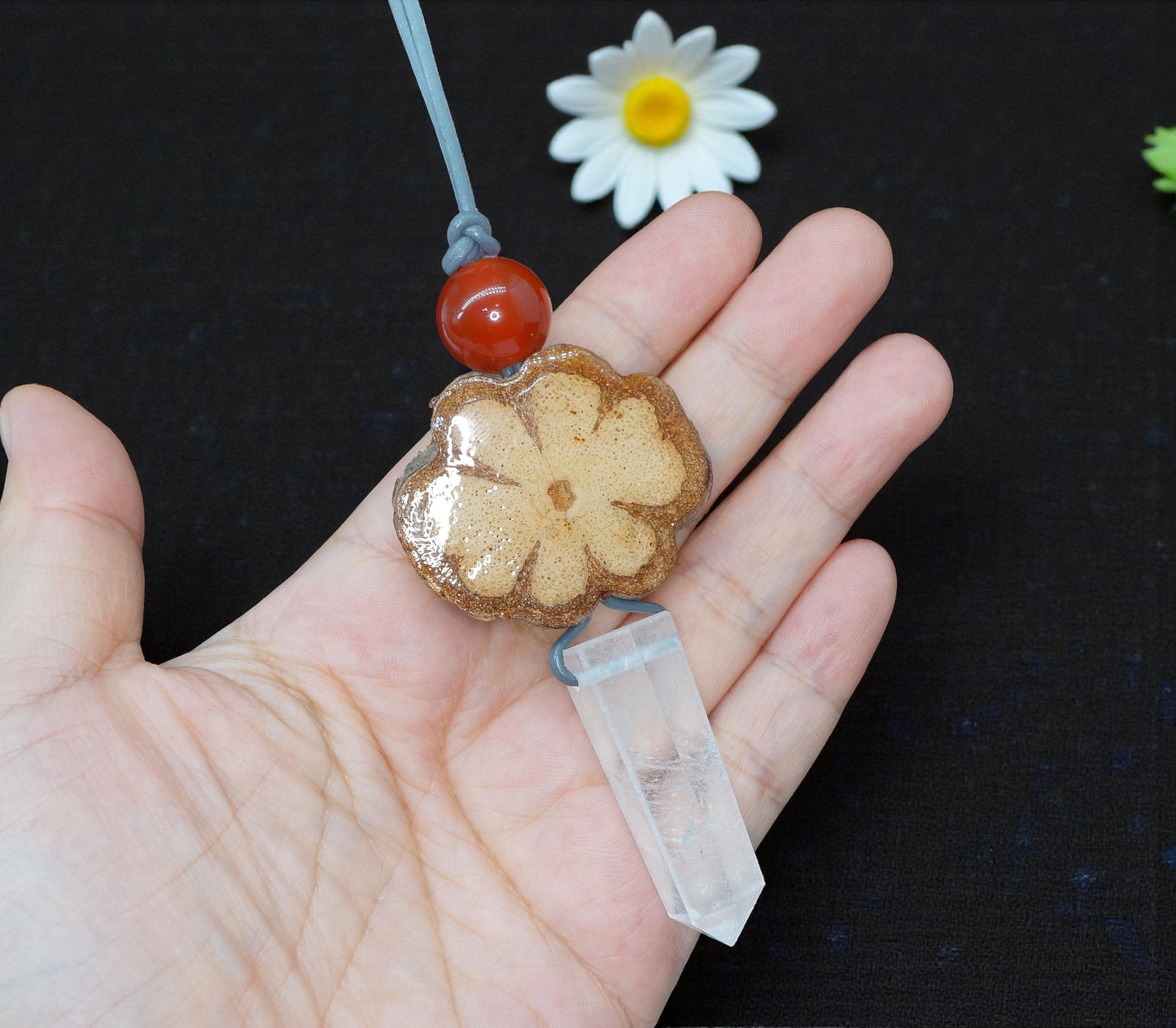 Ayahuasca Necklace, Geometric Clear Quartz Point Pendant, Unisex Sacred Plant Jewelry, Adjustable Leather Spiritual Gift Chunky Stone Gift