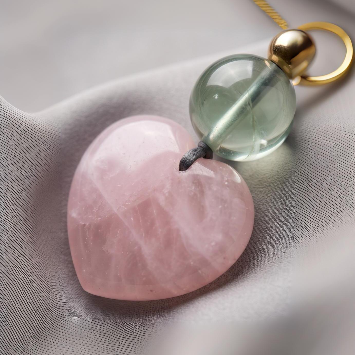 Chunky Rose Quartz Heart Necklace on 30" Adjustable Real Leather Cord, Geometric Green Fluorite Pendant, Large Natural Crystal Gift #2538