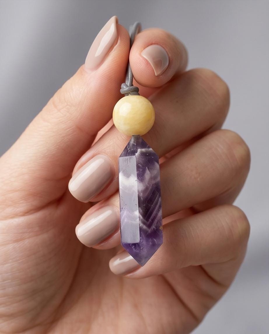 Geometric Chevron Amethyst Crystal Point Necklace, Chunky Dreamy Amethyst with Yellow Jade, Adjustable Leather Cord up to 30 Inches