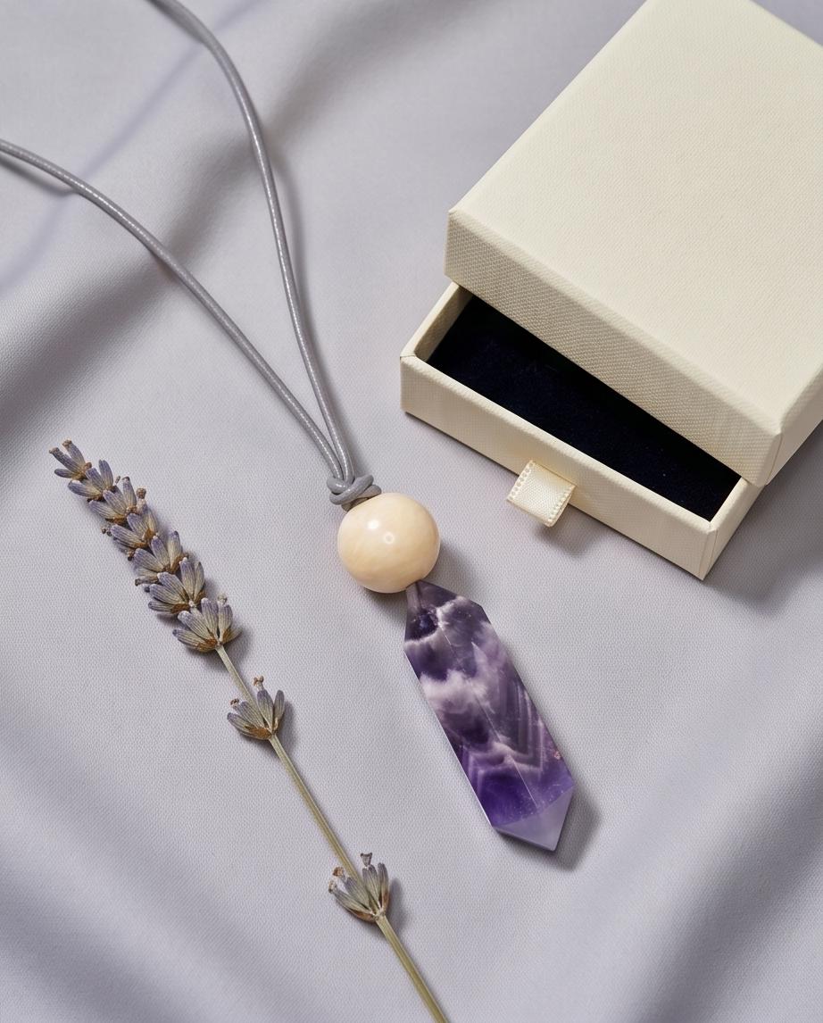 Geometric Chevron Amethyst Crystal Point Necklace, Chunky Dreamy Amethyst with Yellow Jade, Adjustable Leather Cord up to 30 Inches