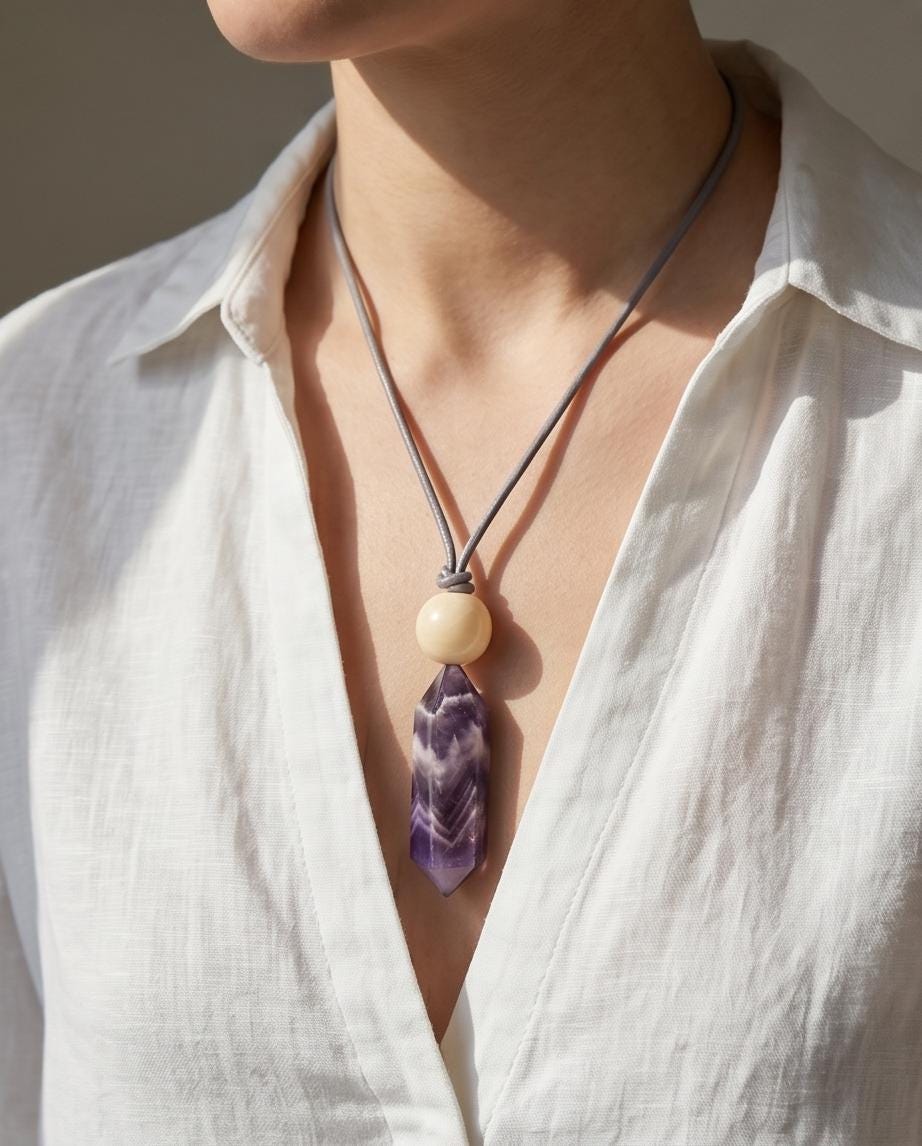 Geometric Chevron Amethyst Crystal Point Necklace, Chunky Dreamy Amethyst with Yellow Jade, Adjustable Leather Cord up to 30 Inches
