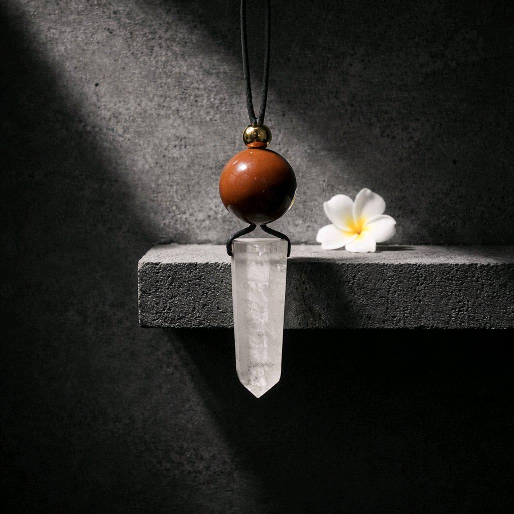 Chunky Clear Quartz Wand Necklace, Geometric Red Jasper Pendant on 30" Adjustable Real Leather Cord, Large Natural Crystal Healing #2539