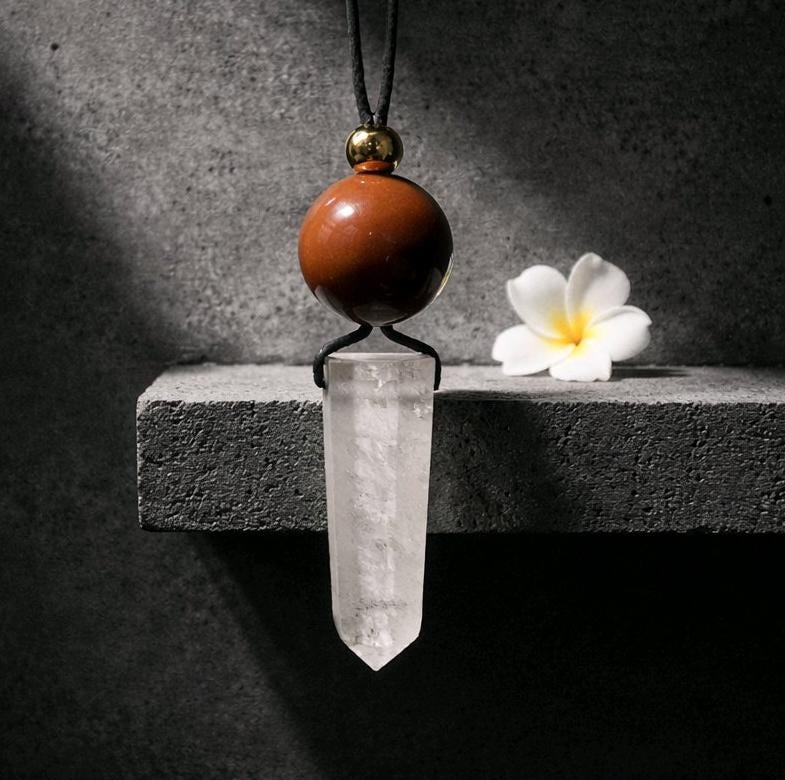 Chunky Clear Quartz Wand Necklace, Geometric Red Jasper Pendant on 30" Adjustable Real Leather Cord, Large Natural Crystal Healing #2539