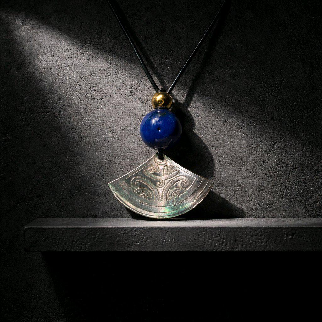 Boho Chic Shell and Lapis Lazuli Necklace, Tribal Inspired Paua Shell Fan Pendant, Personalized Meaningful Jewelry Leather Cord