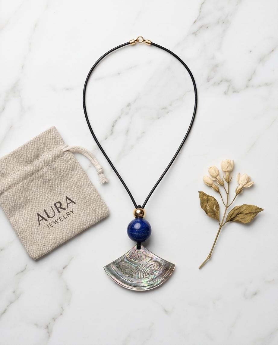 Boho Chic Shell and Lapis Lazuli Necklace, Tribal Inspired Paua Shell Fan Pendant, Personalized Meaningful Jewelry Leather Cord