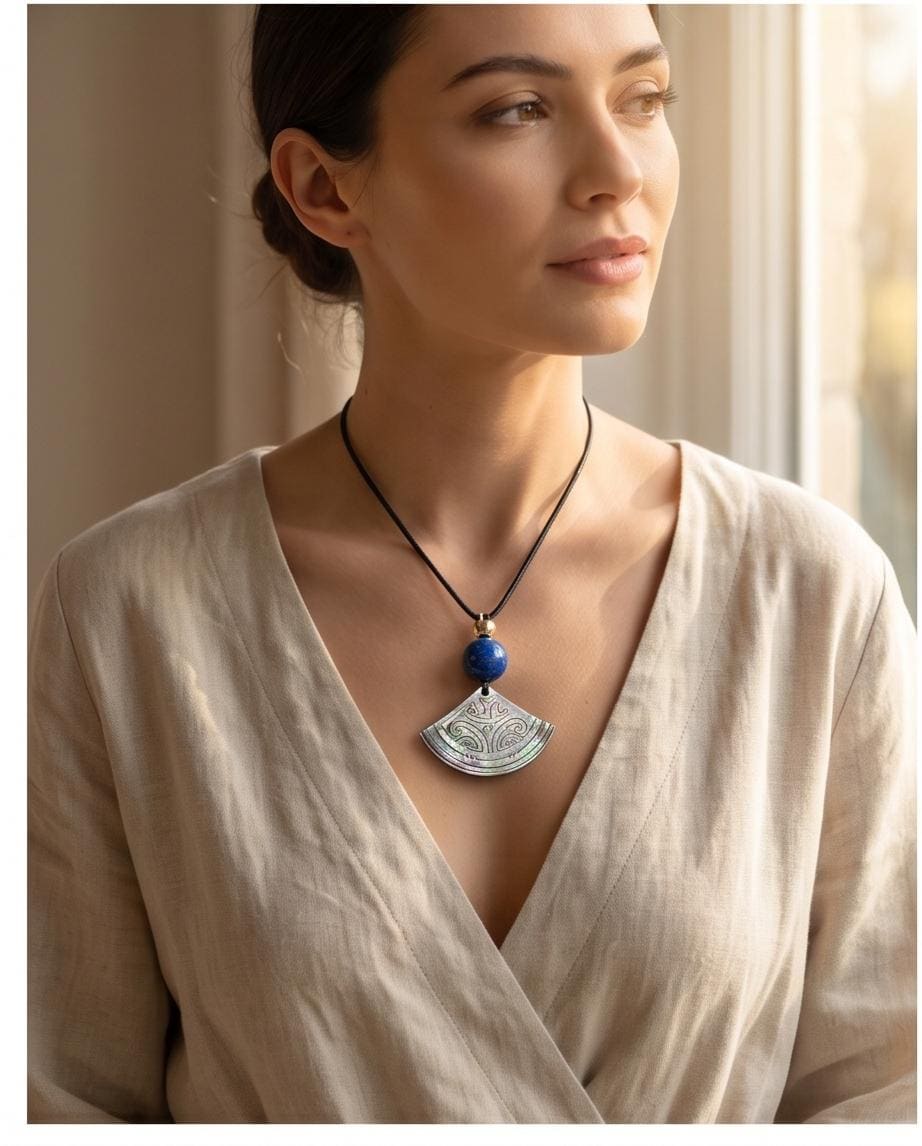 Boho Chic Shell and Lapis Lazuli Necklace, Tribal Inspired Paua Shell Fan Pendant, Personalized Meaningful Chunky Stone Jewelry Leather