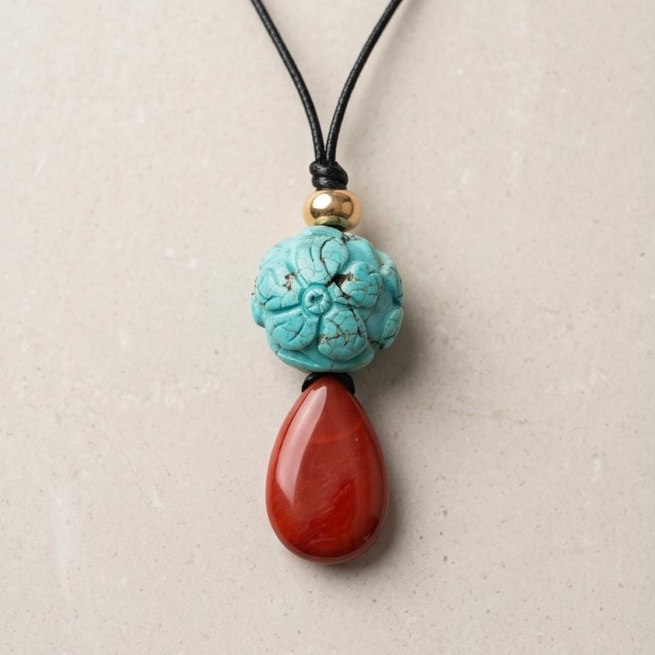 Carved Turquoise Flower & Red Jasper Totem Necklace - 20mm Carved Stone - 30" Adjustable Cord - Earthy Boho Chunky #2075