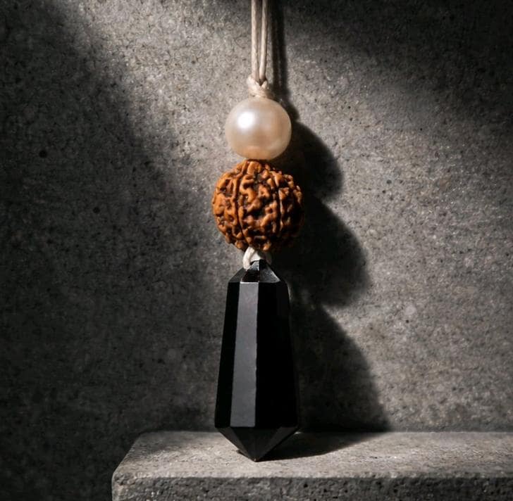 Black Obsidian Rudraksha Seed Necklace, Natural Pearl Chunky Pendant, Adjustable Leather Cord, Spiritual Prayer & Energy Jewelry #2070