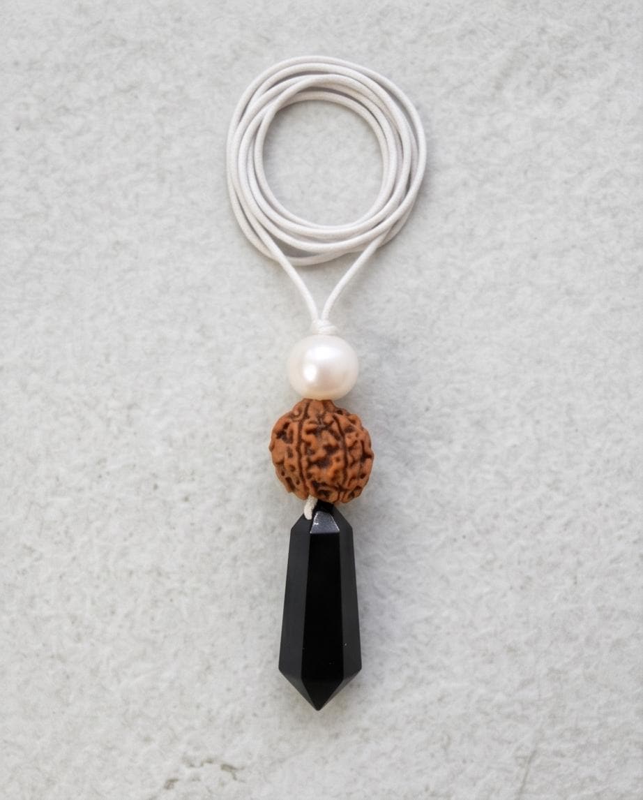 Black Obsidian Rudraksha Seed Necklace, Natural Pearl Chunky Pendant, Adjustable Leather Cord, Spiritual Prayer & Energy Jewelry #2070