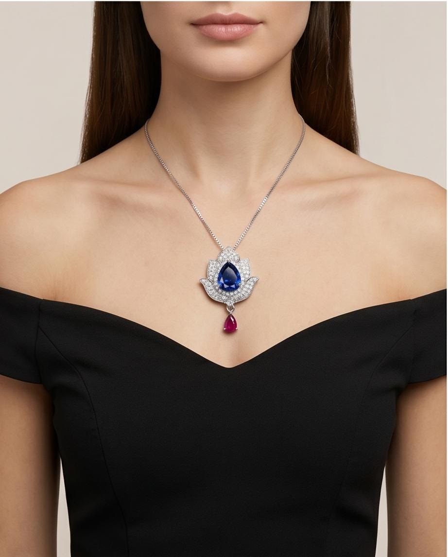 Tanzanite Necklace - Gemstone Lotus Flower Pendant - Sterling Silver - Teardrop Halo Large Deep Blue Tanzanite 2.75 CT #921